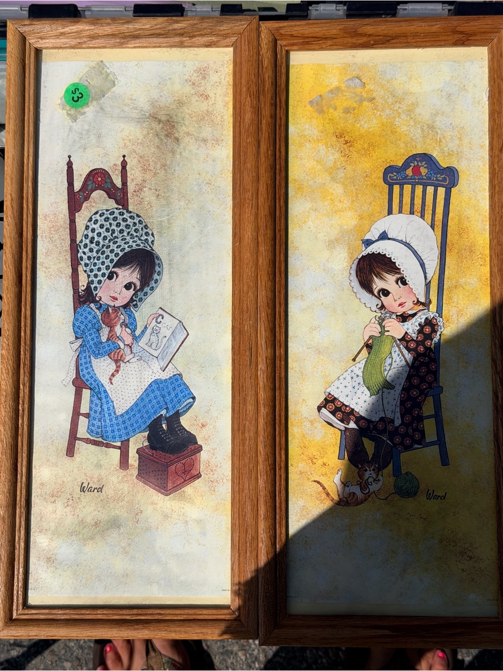 Vintage big eyed girls Ward Framed Wall Art Pair - Girls in Blue & Black Dresses
